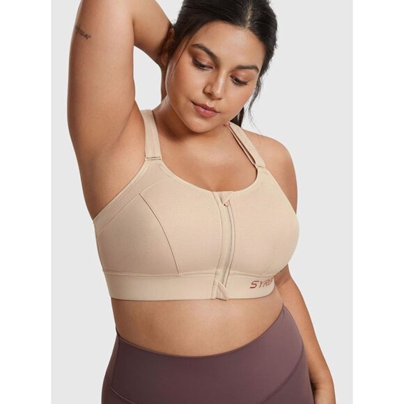 Syrokan Sports Bra Womens 38B Beige High Impact Wireless Front Zip Racerback - Picture 1 of 14